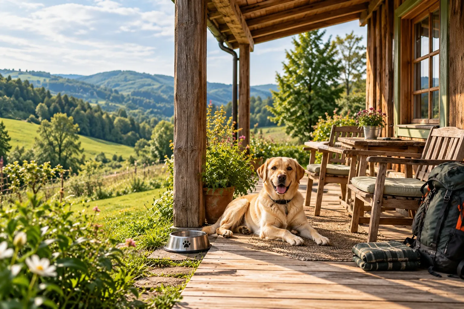 KI-generierte Holzveranda mit gelbem Labrador und Blick in die grüne Landschaft.