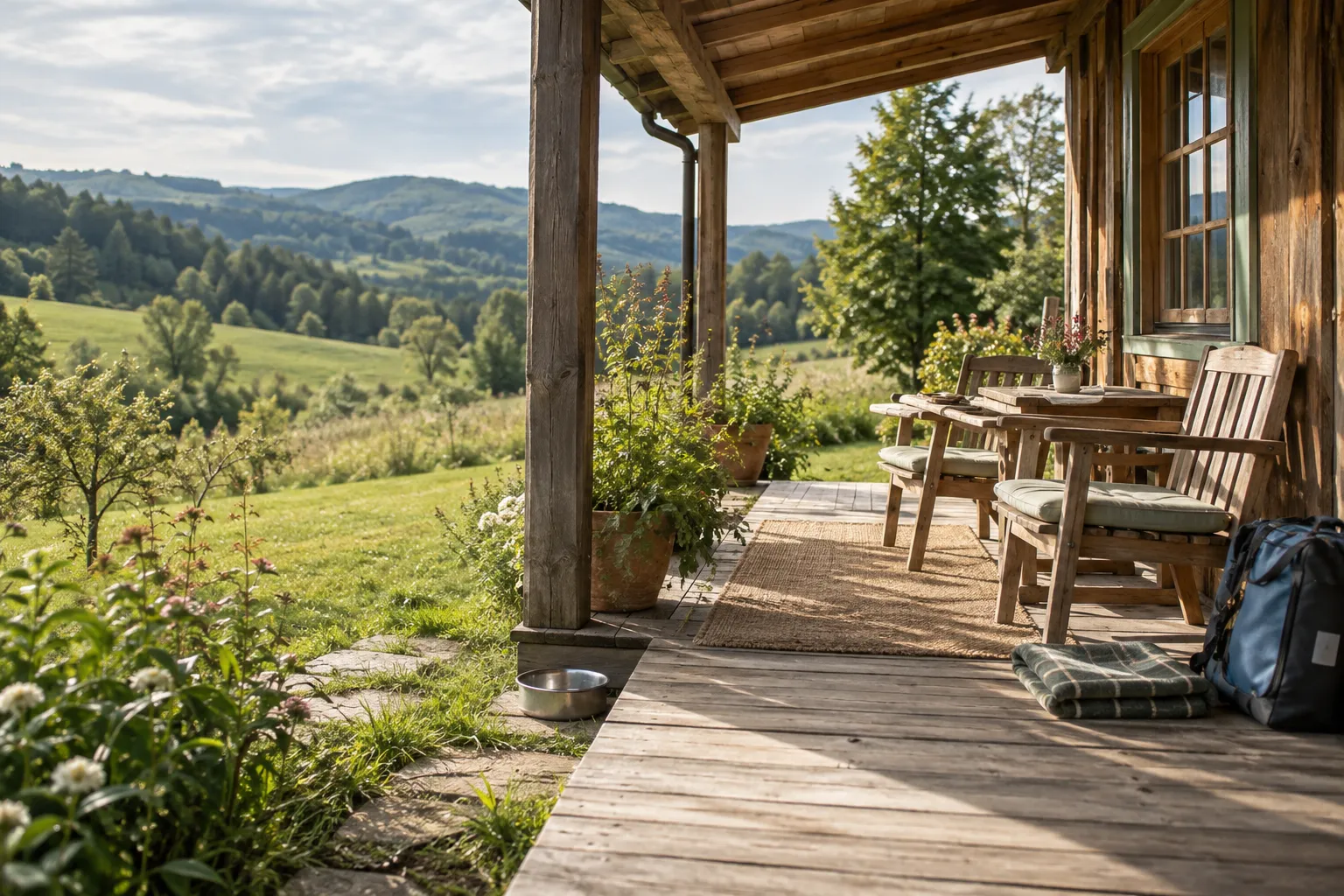 KI-generierte Holzveranda im Grünen mit Sitzplätzen, Hundedecke und Wassernapf.