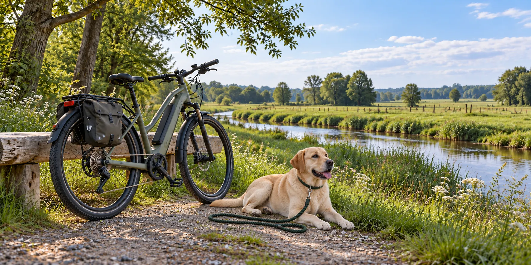 KI-generierte Naturszene: gelber Labrador mit befestigter Leine neben einem abgestellten E-Bike am Wasser.